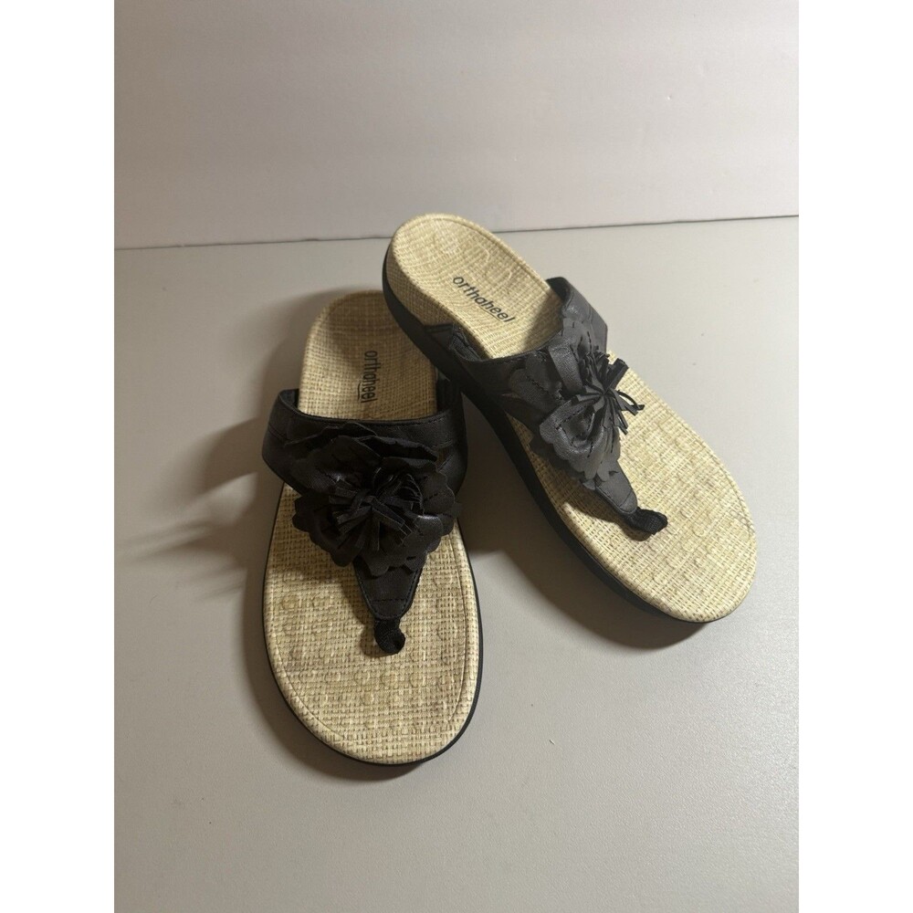 Orthaheel Women's Flip Flops Black Floral Size 38/7 Talia Beach Cruise Travel